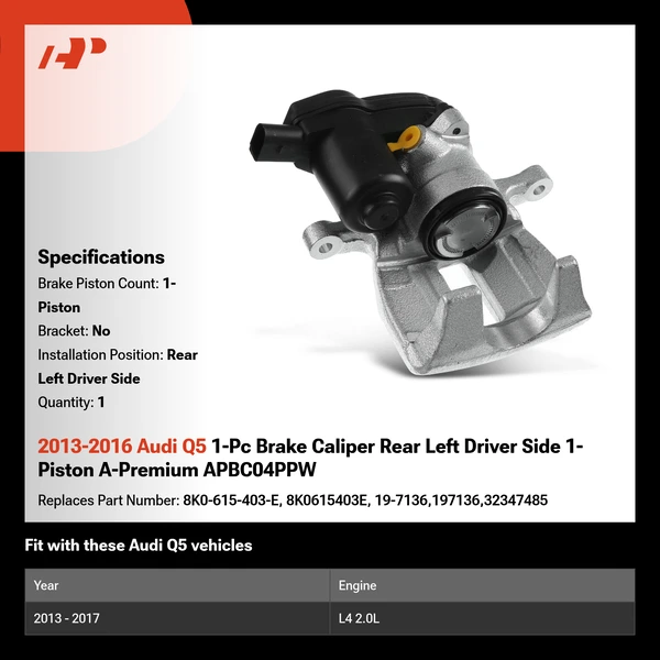 2013-2016 Audi Q5 1-Pc Brake Caliper Rear Left Driver Side 1-Piston A-Premium APBC04PPW
