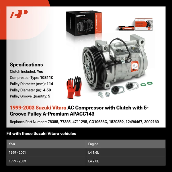 1999-2003 Suzuki Vitara AC Compressor with Clutch with 5-Groove Pulley A-Premium APACC143