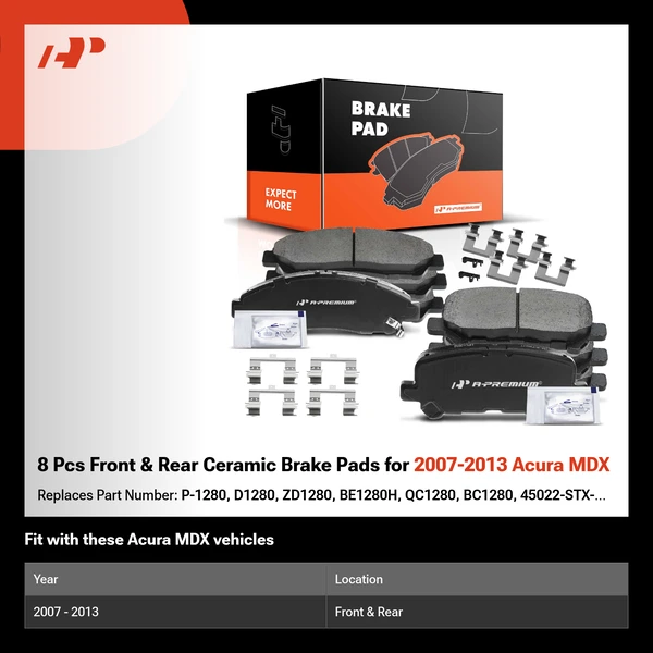 8 Pcs Front & Rear Ceramic Brake Pads for 2007-2013 Acura MDX