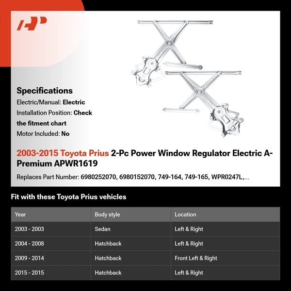 2003-2015 Toyota Prius 2-Pc Power Window Regulator Electric A-Premium APWR1619