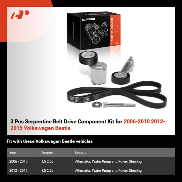 3 Pcs Serpentine Belt Drive Component Kit for 2006-2010 2012-2015 Volkswagen Beetle