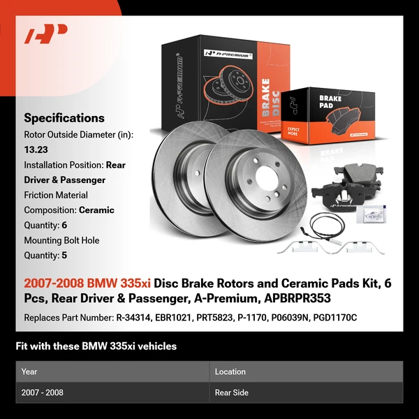 2007-2008 BMW 335xi Disc Brake Rotors and Ceramic Pads Kit, 6 Pcs, Rear Driver & Passenger, A-Premium, APBRPR353