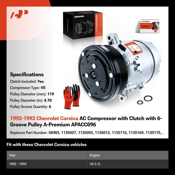 1992-1993 Chevrolet Corsica AC Compressor with Clutch with 6-Groove Pulley A-Premium APACC096