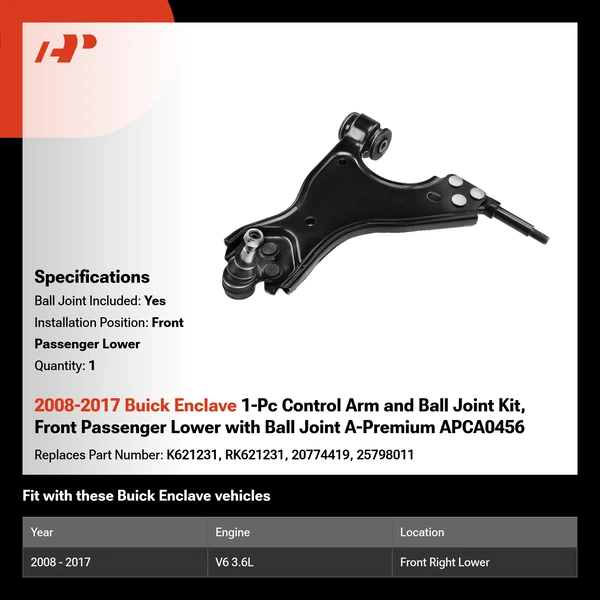 2008-2017 Buick Enclave 1-Pc Control Arm and Ball Joint Kit, Front Passenger Lower with Ball Joint A-Premium APCA0456