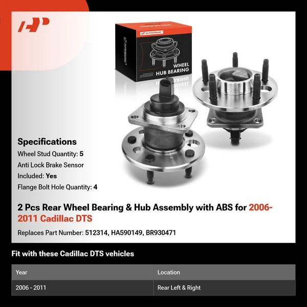 2 Pcs Rear Wheel Bearing & Hub Assembly with ABS for 2006-2011 Cadillac DTS
