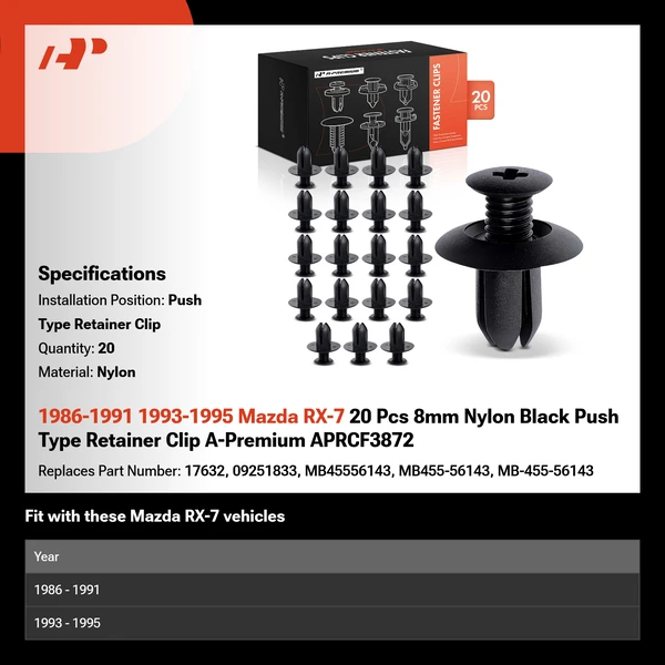 1986-1991 1993-1995 Mazda RX-7 20 Pcs 8mm Nylon Black Push Type Retainer Clip A-Premium APRCF3872