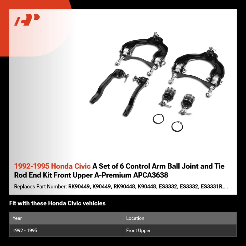 1992-1995 Honda Civic A Set of 6 Control Arm Ball Joint and Tie Rod End Kit Front Upper A-Premium APCA3638