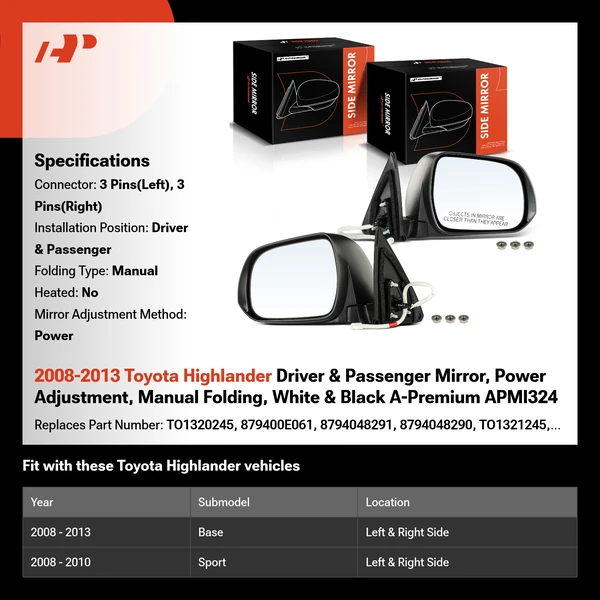 2008-2013 Toyota Highlander Driver & Passenger Mirror, Power Adjustment, Manual Folding, White & Black A-Premium APMI324