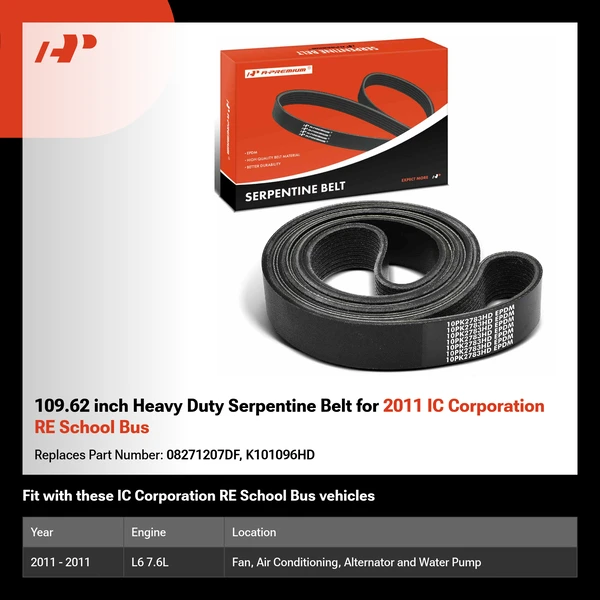 109.62 inch Heavy Duty Serpentine Belt for 2011 IC Corporation RE School Bus