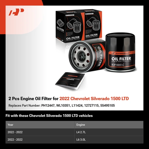 2 Pcs Engine Oil Filter for 2022 Chevrolet Silverado 1500 LTD