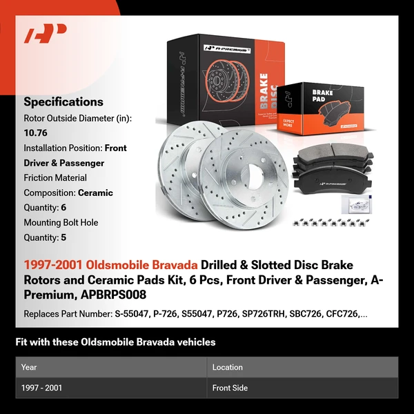 1997-2001 Oldsmobile Bravada Drilled & Slotted Disc Brake Rotors and Ceramic Pads Kit, 6 Pcs, Front Driver & Passenger, A-Premium, APBRPS008