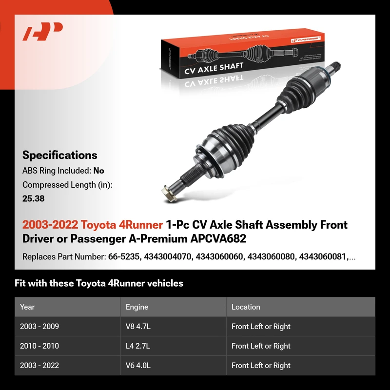 2003-2022 Toyota 4Runner 1-Pc CV Axle Shaft Assembly Front Driver or Passenger A-Premium APCVA682