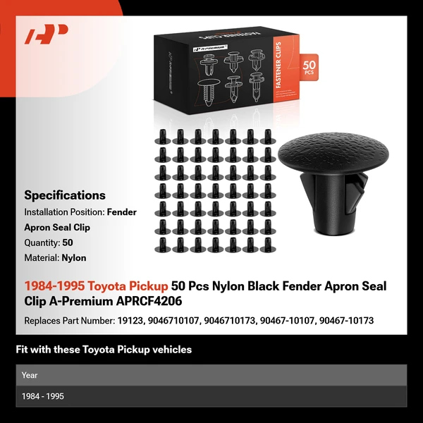 1984-1995 Toyota Pickup 50 Pcs Nylon Black Fender Apron Seal Clip A-Premium APRCF4206