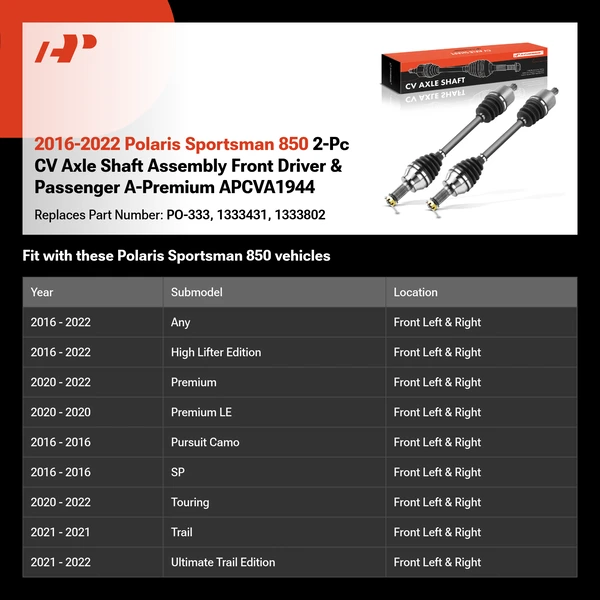 2016-2022 Polaris Sportsman 850 2-Pc CV Axle Shaft Assembly Front Driver & Passenger A-Premium APCVA1944