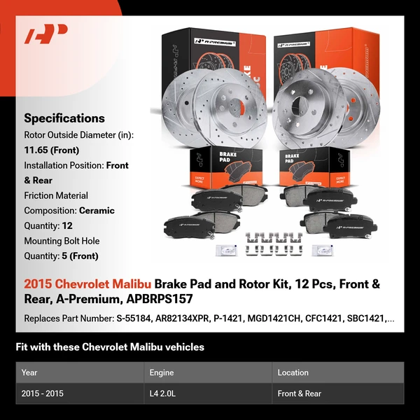 2015 Chevrolet Malibu Brake Pad and Rotor Kit, 12 Pcs, Front & Rear, A-Premium, APBRPS157