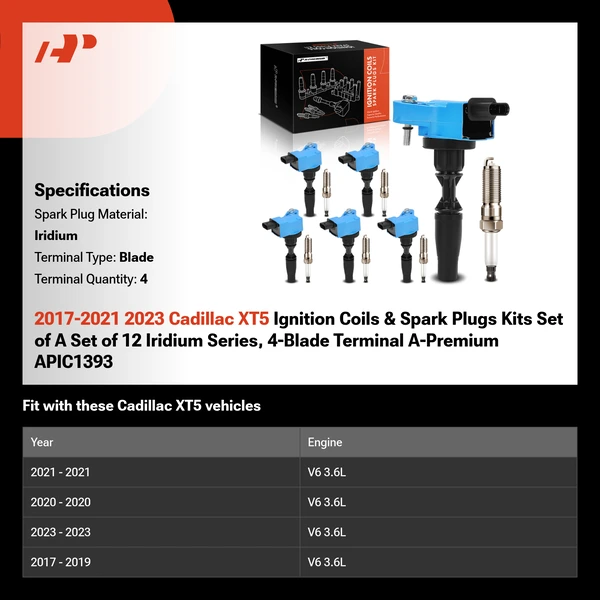2017-2021 2023 Cadillac XT5 Ignition Coils & Spark Plugs Kits Set of A Set of 12 Iridium Series, 4-Blade Terminal A-Premium APIC1393