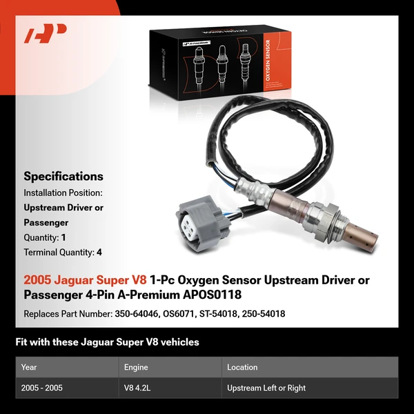 2005 Jaguar Super V8 1-Pc Oxygen Sensor Upstream Driver or Passenger 4-Pin A-Premium APOS0118