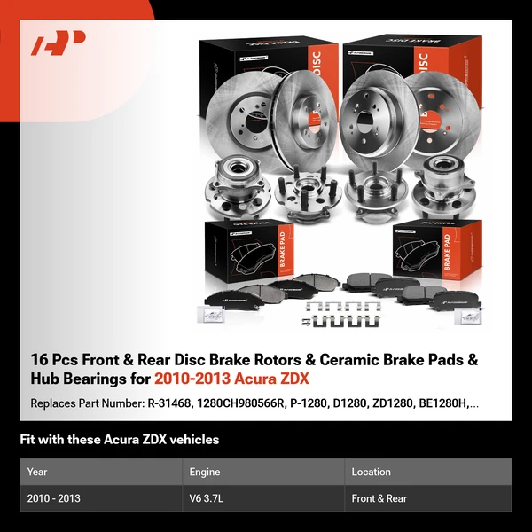 16 Pcs Front & Rear Disc Brake Rotors & Ceramic Brake Pads & Hub Bearings for 2010-2013 Acura ZDX