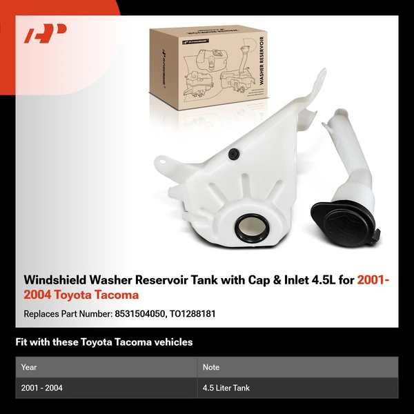 Windshield Washer Reservoir Tank with Cap & Inlet 4.5L for 2001-2004 Toyota Tacoma