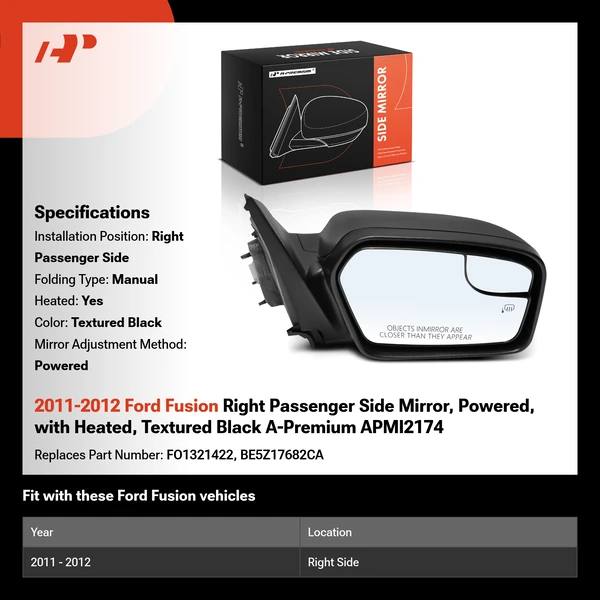 2011-2012 Ford Fusion Right Passenger Side Mirror, Powered, with Heated, Textured Black A-Premium APMI2174