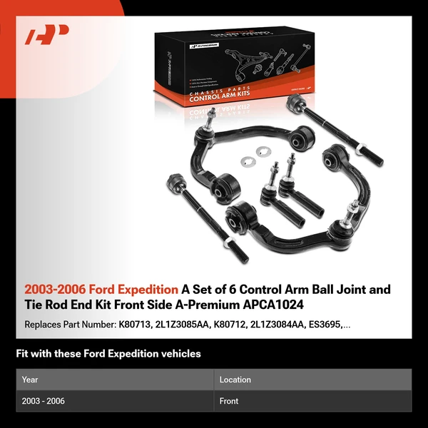 2003-2006 Ford Expedition A Set of 6 Control Arm Ball Joint and Tie Rod End Kit Front Side A-Premium APCA1024