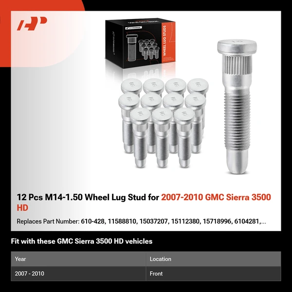 12 Pcs M14-1.50 Wheel Lug Stud for 2007-2010 GMC Sierra 3500 HD