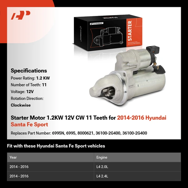 Starter Motor 1.2KW 12V CW 11 Teeth for 2014-2016 Hyundai Santa Fe Sport