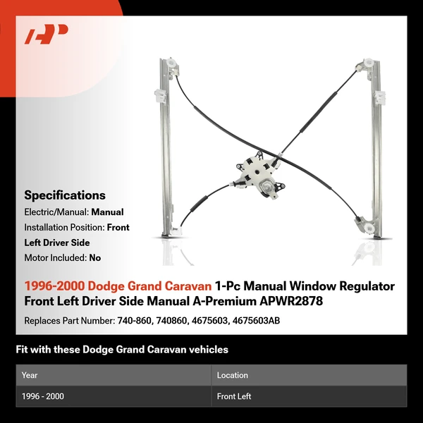 1996-2000 Dodge Grand Caravan 1-Pc Manual Window Regulator Front Left Driver Side Manual A-Premium APWR2878