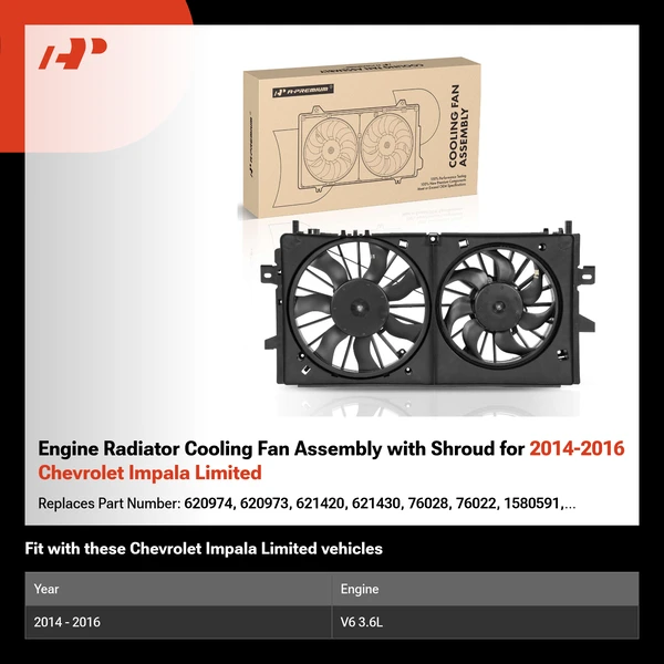 Engine Radiator Cooling Fan Assembly with Shroud for 2014-2016 Chevrolet Impala Limited
