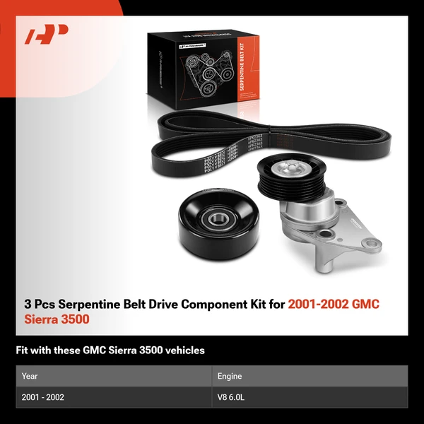 3 Pcs Serpentine Belt Drive Component Kit for 2001-2002 GMC Sierra 3500