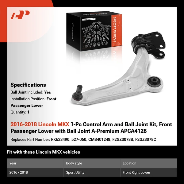 2016-2018 Lincoln MKX 1-Pc Control Arm and Ball Joint Kit, Front Passenger Lower with Ball Joint A-Premium APCA4128