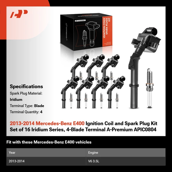 2013-2014 Mercedes-Benz E400 Ignition Coil and Spark Plug Kit Set of 16 Iridium Series, 4-Blade Terminal A-Premium APIC0804