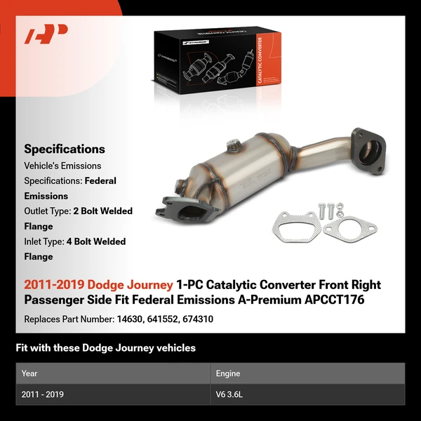 2011-2019 Dodge Journey 1-PC Catalytic Converter Front Right Passenger Side Fit Federal Emissions A-Premium APCCT176