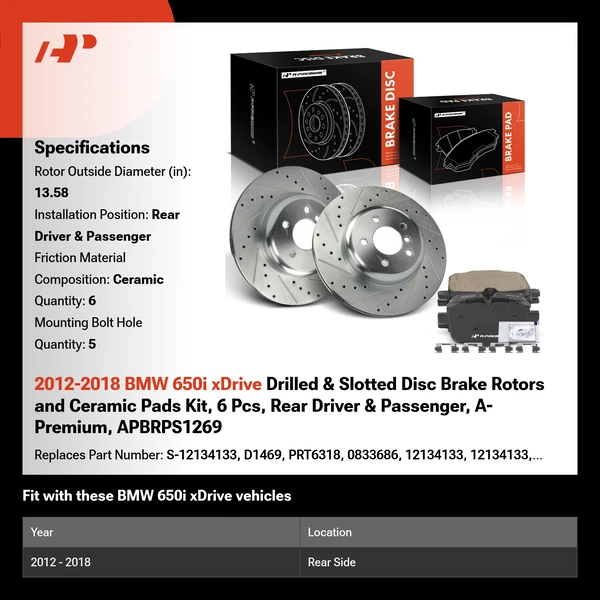 2012-2018 BMW 650i xDrive Drilled & Slotted Disc Brake Rotors and Ceramic Pads Kit, 6 Pcs, Rear Driver & Passenger, A-Premium, APBRPS1269