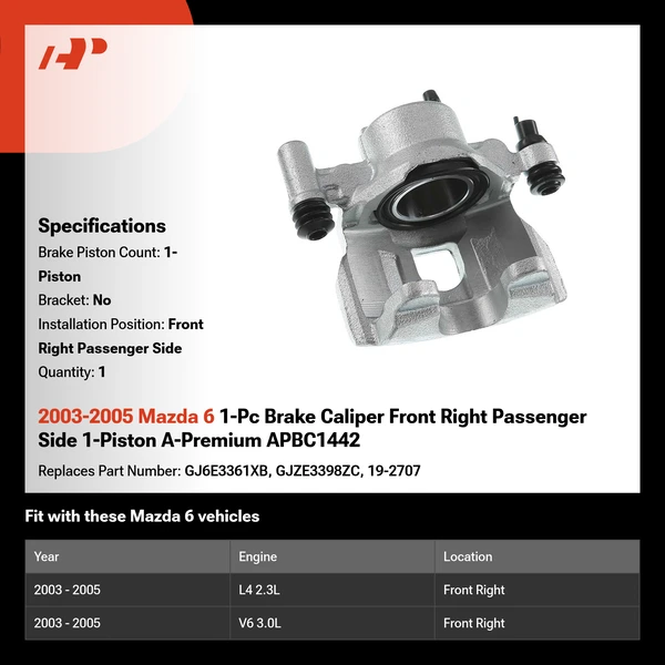 2003-2005 Mazda 6 1-Pc Brake Caliper Front Right Passenger Side 1-Piston A-Premium APBC1442