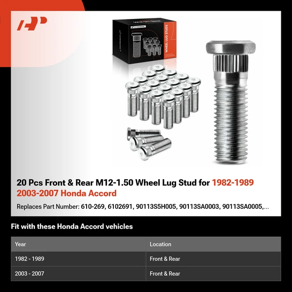 20 Pcs Front & Rear M12-1.50 Wheel Lug Stud for 1982-1989 2003-2007 Honda Accord