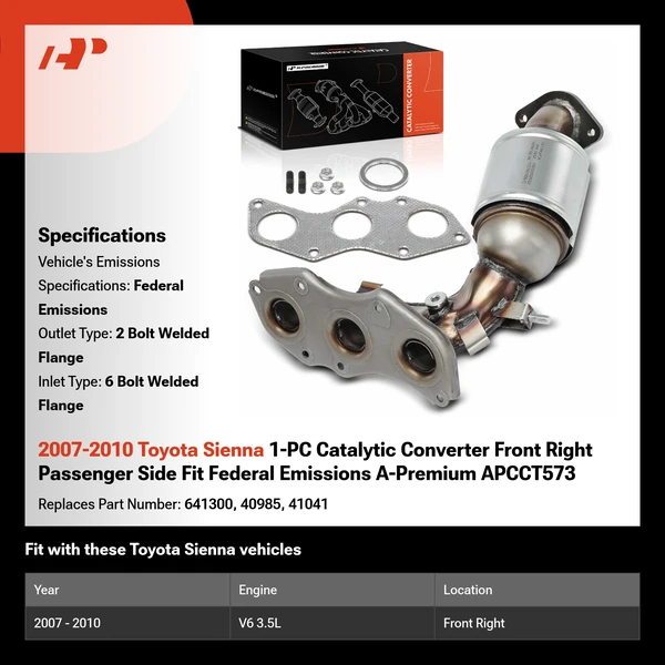 2007-2010 Toyota Sienna 1-PC Catalytic Converter Front Right Passenger Side Fit Federal Emissions A-Premium APCCT573