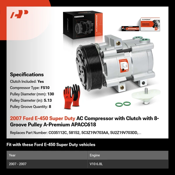 2007 Ford E-450 Super Duty AC Compressor with Clutch with 8-Groove Pulley A-Premium APACC618