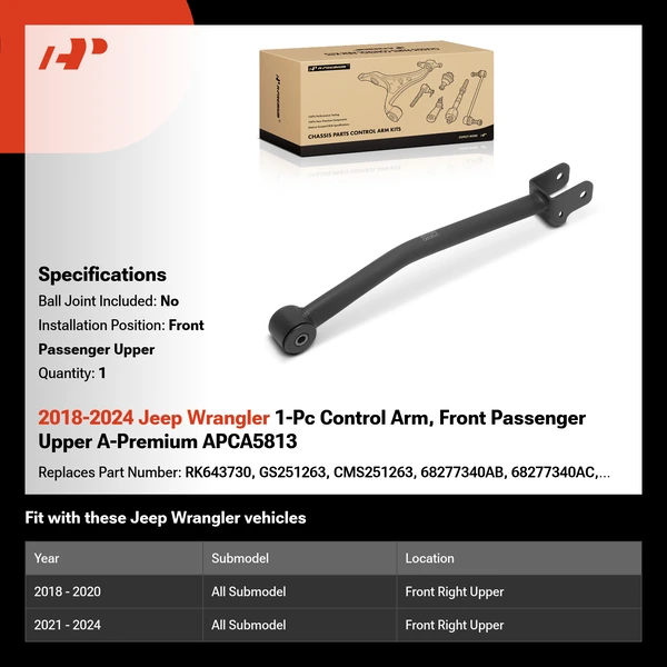 2018-2024 Jeep Wrangler 1-Pc Control Arm, Front Passenger Upper A-Premium APCA5813