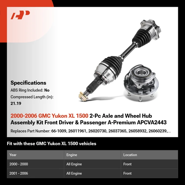 2000-2006 GMC Yukon XL 1500 2-Pc Axle and Wheel Hub Assembly Kit Front Driver & Passenger A-Premium APCVA2443