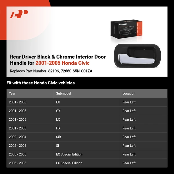 Rear Driver Black & Chrome Interior Door Handle for 2001-2005 Honda Civic