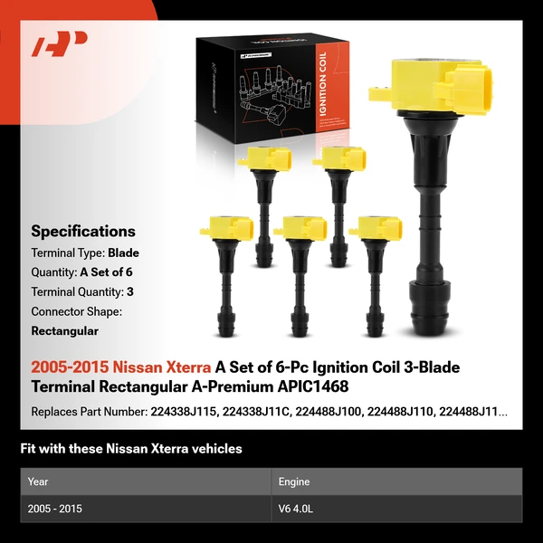 2005-2015 Nissan Xterra A Set of 6-Pc Ignition Coil 3-Blade Terminal Rectangular A-Premium APIC1468