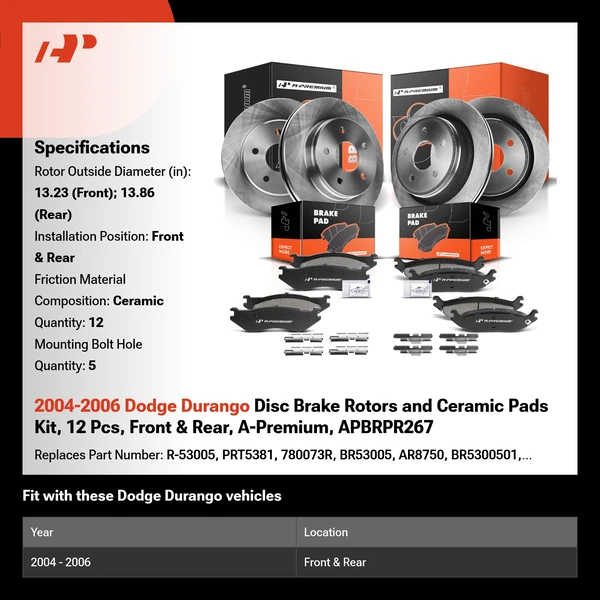 2004-2006 Dodge Durango Disc Brake Rotors and Ceramic Pads Kit, 12 Pcs, Front & Rear, A-Premium, APBRPR267