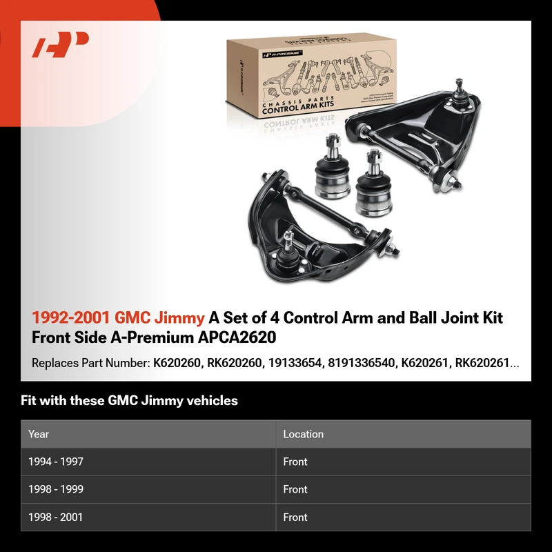 1992-2001 GMC Jimmy A Set of 4 Control Arm and Ball Joint Kit Front Side A-Premium APCA2620