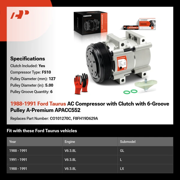 1988-1991 Ford Taurus AC Compressor with Clutch with 6-Groove Pulley A-Premium APACC552