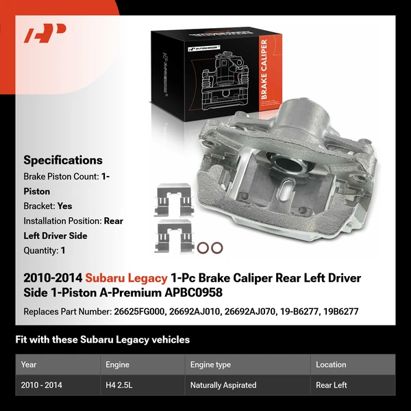 2010-2014 Subaru Legacy 1-Pc Brake Caliper Rear Left Driver Side 1-Piston A-Premium APBC0958