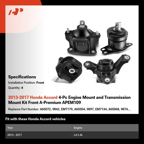 2013-2017 Honda Accord 4-Pc Engine Mount and Transmission Mount Kit Front A-Premium APEM109