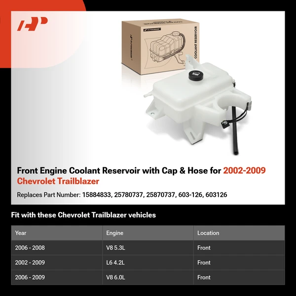 Front Engine Coolant Reservoir with Cap & Hose for 2002-2009 Chevrolet Trailblazer