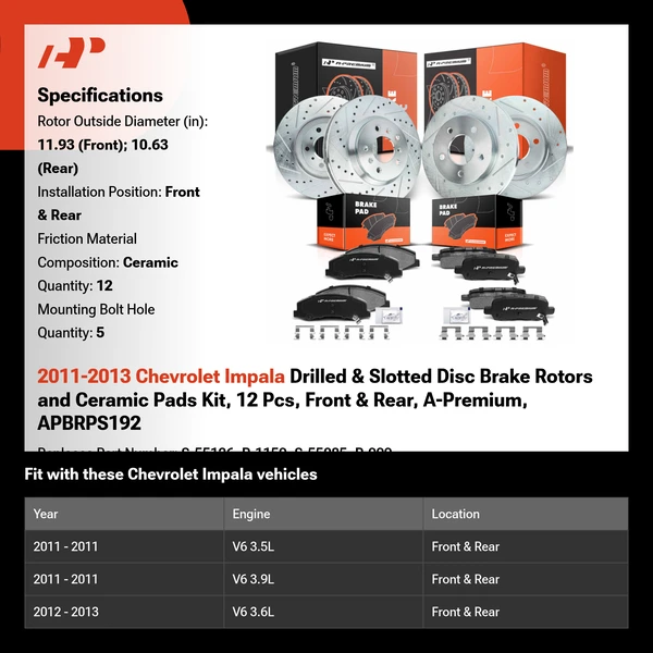 2011-2013 Chevrolet Impala Drilled & Slotted Disc Brake Rotors and Ceramic Pads Kit, 12 Pcs, Front & Rear, A-Premium, APBRPS192