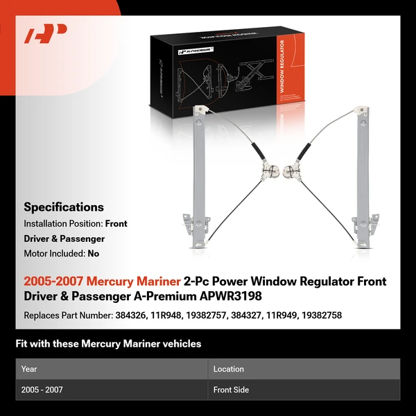 2005-2007 Mercury Mariner 2-Pc Power Window Regulator Front Driver & Passenger A-Premium APWR3198